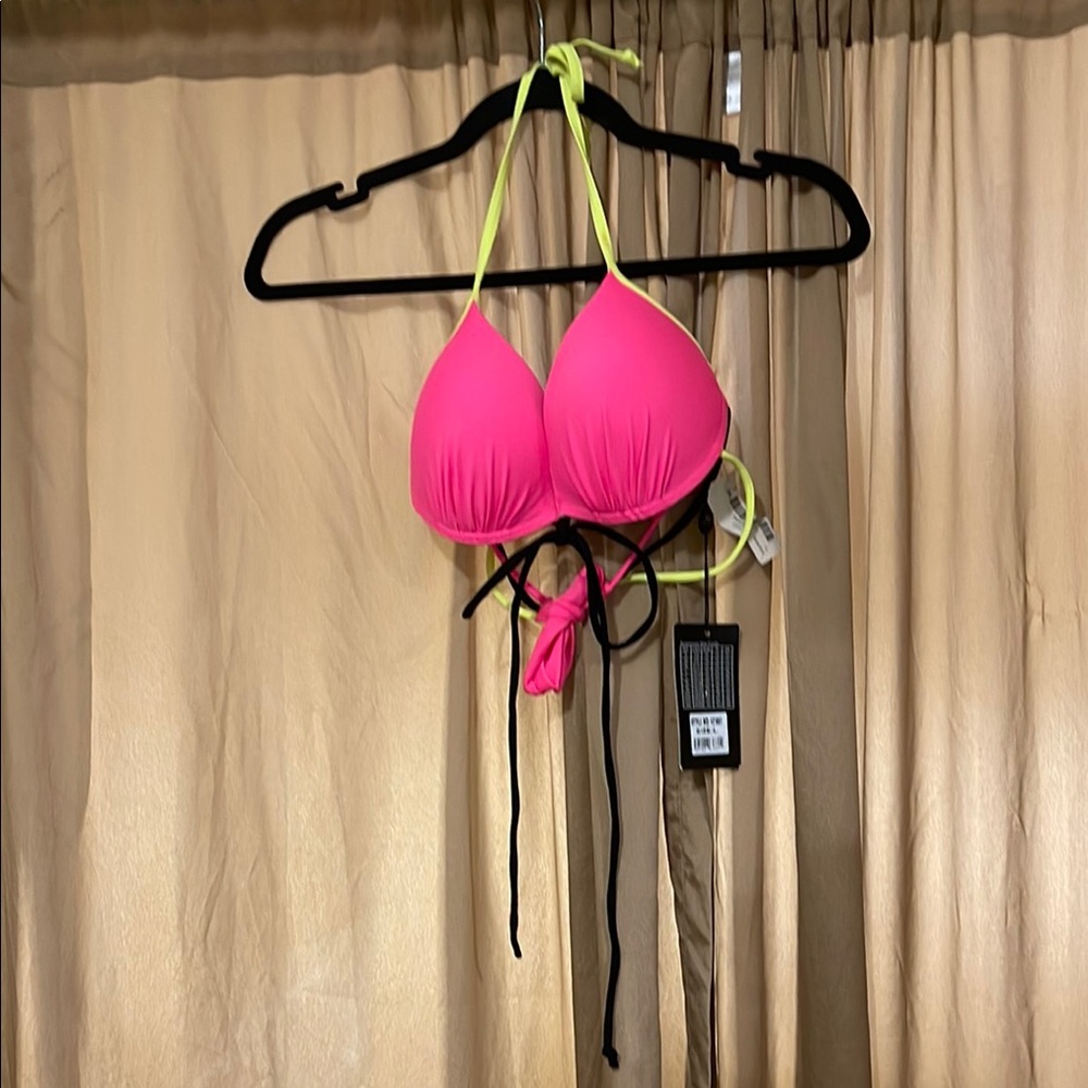 NWT Women’s L Coral/Pink Black and Yellow Bikini Top Neon